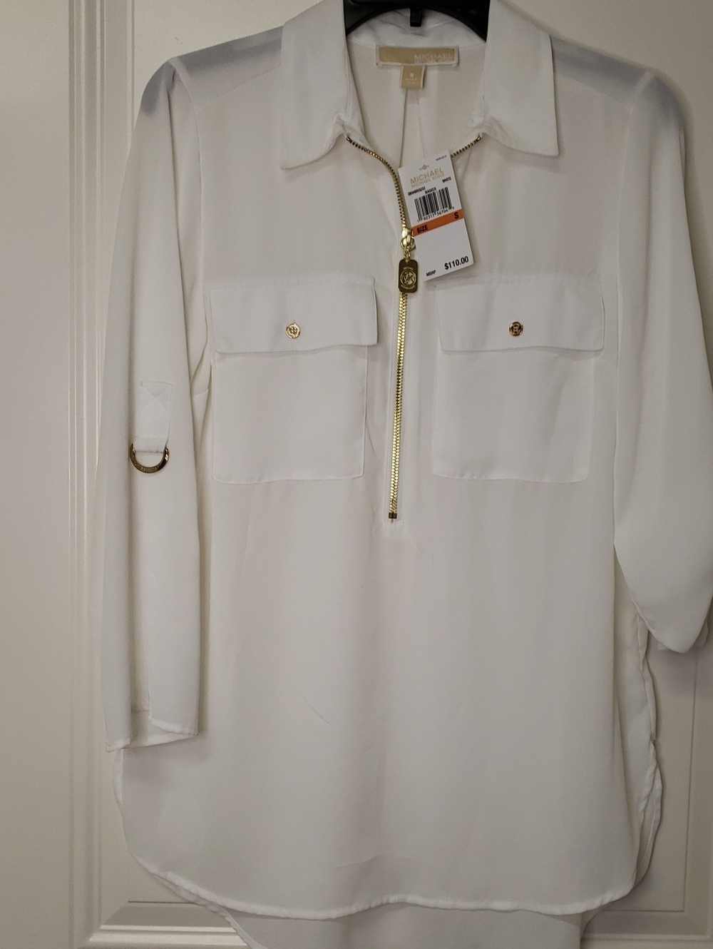 NWT Michael Kors White Blouse with Gold Zip and Logo Pull